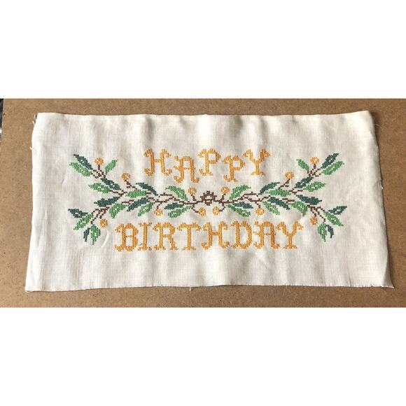Vintage Happy Birthday Cross Stitch on Linen Embroidery Jane Snead Samplers - Picture 1 of 16